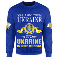 Unisex blue crewneck sweatshirt, front print with trident emblem and text UKRAINE IS NOT RUSSIA