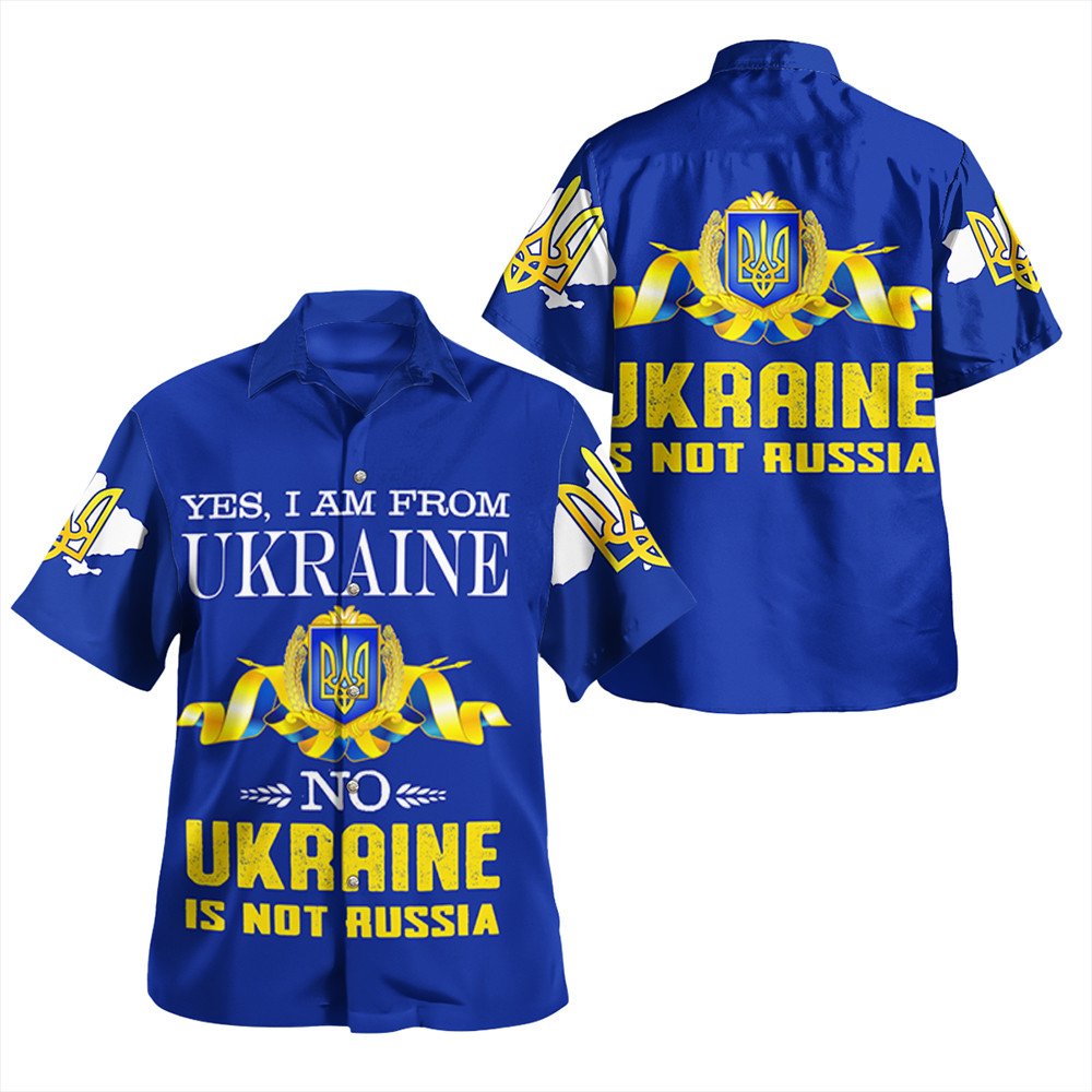 Blue unisex Hawaiian shirt with Ukrainian crest and 'Ukraine is not Russia' text
