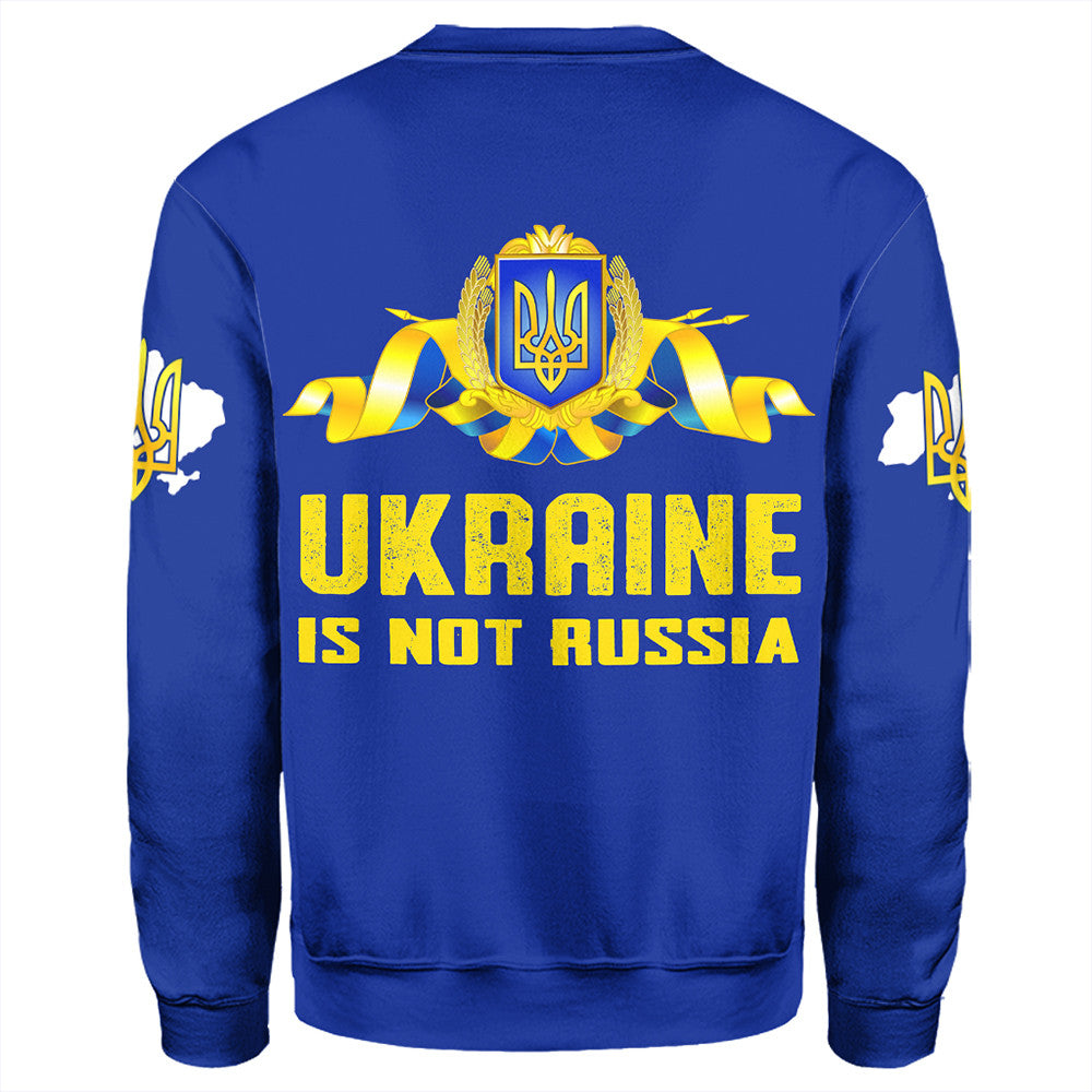 Unisex blue sweatshirt, back print with trident emblem and large text UKRAINE IS NOT RUSSIA