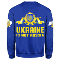 Unisex blue sweatshirt, back print with trident emblem and large text UKRAINE IS NOT RUSSIA