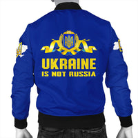 Blue bomber jacket back view with large Ukraine emblem and 'Ukraine is not Russia' text