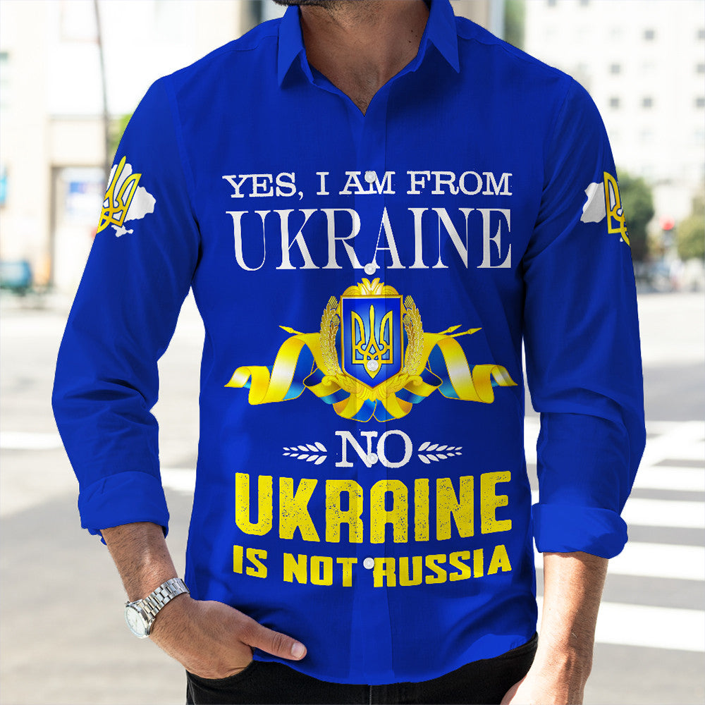 Blue long-sleeve button shirt with “Yes, I am from Ukraine” graphic