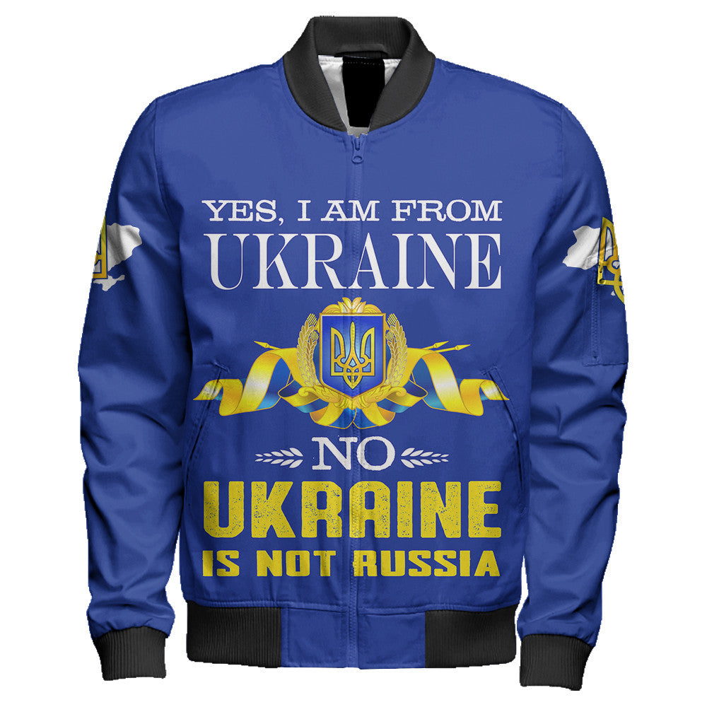 Blue unisex bomber jacket with zip; front graphic text "UKRAINE IS NOT RUSSIA".