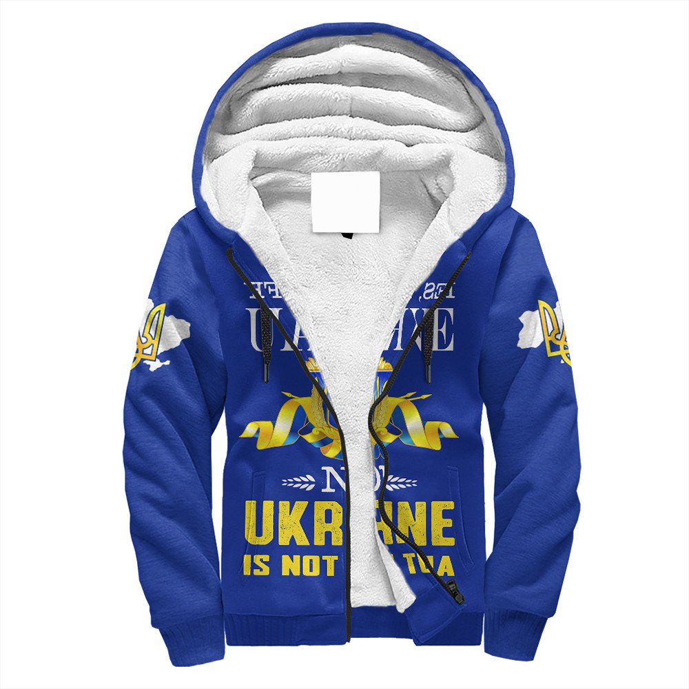 Unisex blue sherpa-lined zip hoodie with yellow “Ukraine is not Russia” print