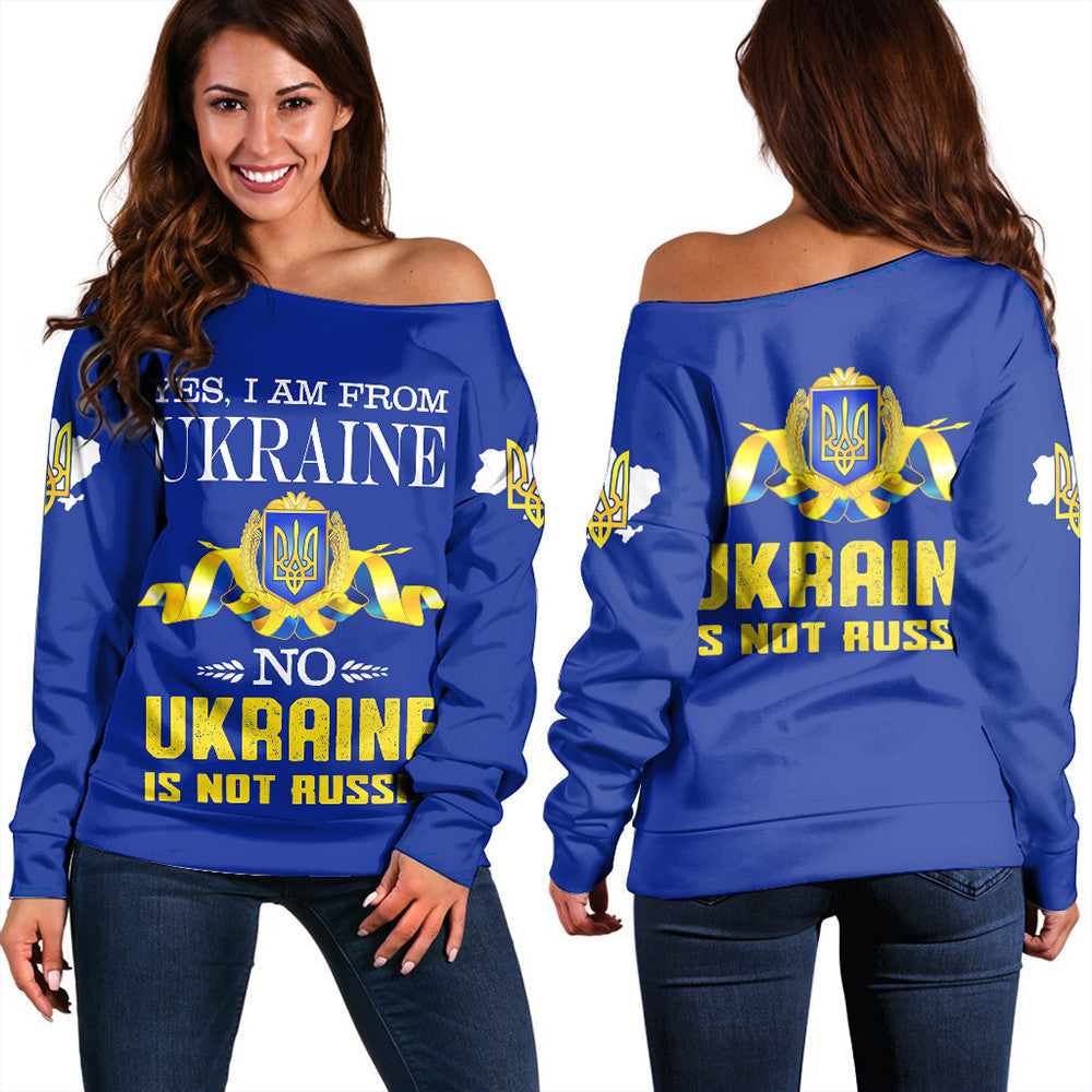 Blue off-shoulder sweatshirt for women with “Ukraine is not Russia” & gold trident