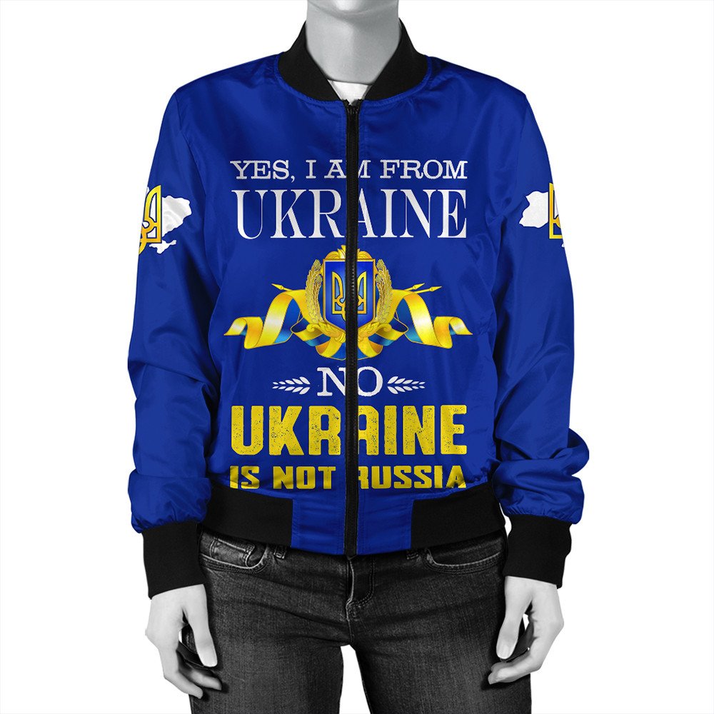 Blue bomber jacket front graphic: 'Yes, I am from Ukraine' over crest, black zipper