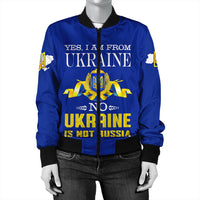 Blue bomber jacket front graphic: 'Yes, I am from Ukraine' over crest, black zipper