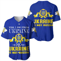 Blue baseball jersey with Ukraine crest; text: YES I AM FROM UKRAINE, NO UKRAINE IS NOT RUSSIA.