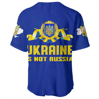 Blue baseball jersey back with Ukraine crest; text: UKRAINE IS NOT RUSSIA.