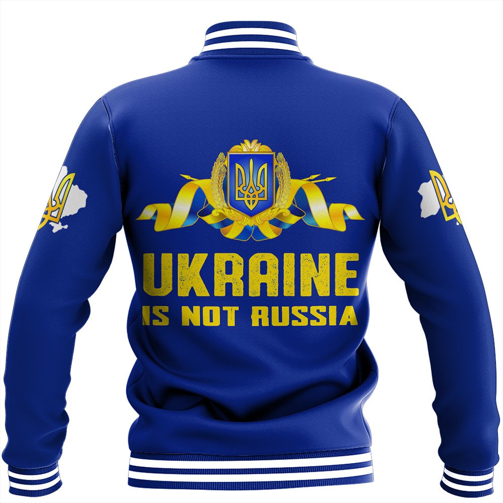 Back view: blue unisex baseball jacket with large Ukraine graphic and striped cuffs