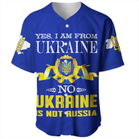 Blue baseball jersey front with Ukraine crest; YES I AM FROM UKRAINE, NO UKRAINE IS NOT RUSSIA.