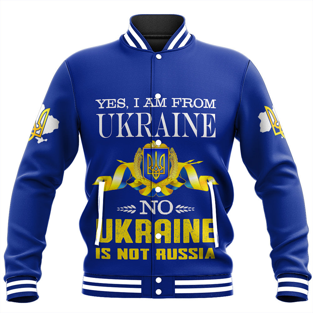 Blue unisex baseball jacket, button-up varsity collar, front graphic text