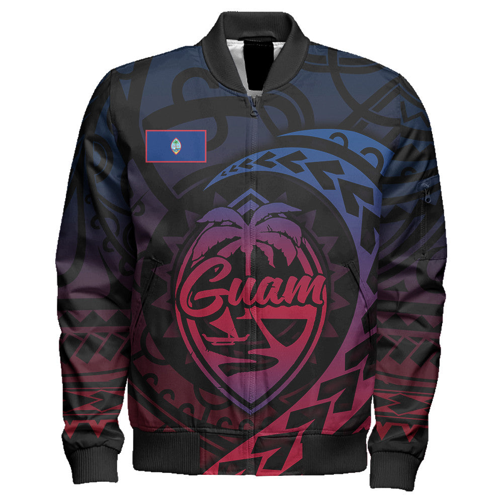 Black zip-up bomber jacket with Guam graphic on front and ribbed cuffs, LT10