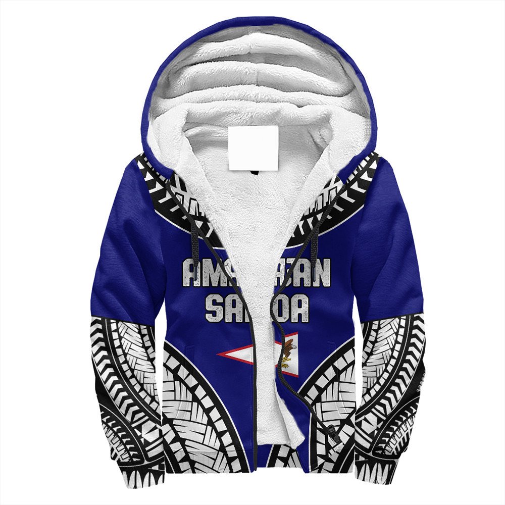 Blue unisex sherpa hoodie with front zip tribal graphic and chief tattoo print