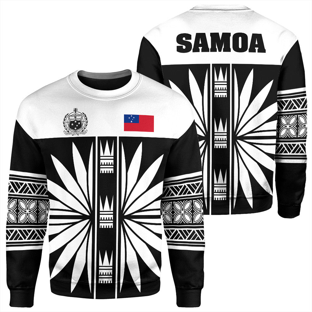 Samoa sweatshirt set showing front and back views, black/white with starburst and SAMOA print