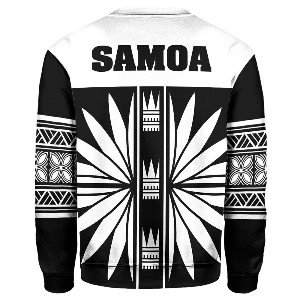 Unisex black-and-white sweatshirt back with SAMOA text, starburst graphic, patterned sleeves