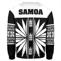 Unisex black-and-white sweatshirt back with SAMOA text, starburst graphic, patterned sleeves
