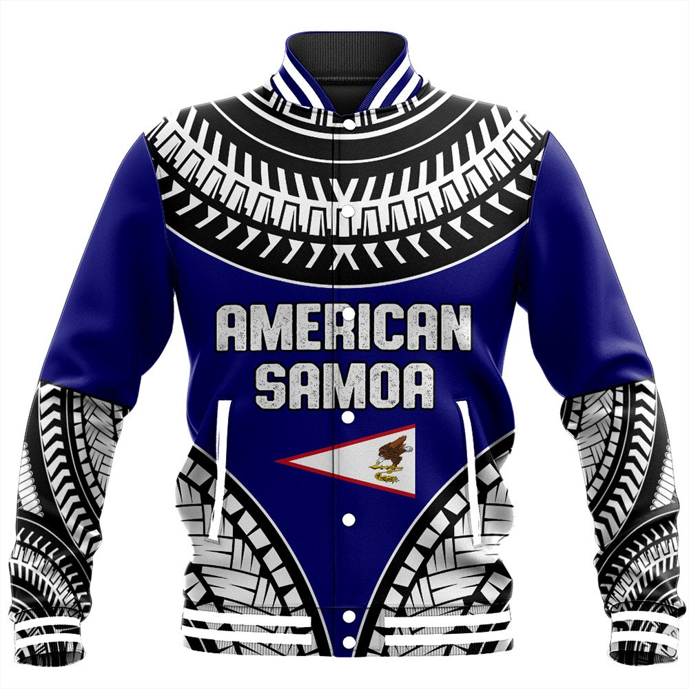 Blue varsity jacket with tribal black/white print and 'AMERICAN SAMOA' graphic front