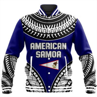 Blue varsity jacket with tribal black/white print and 'AMERICAN SAMOA' graphic front