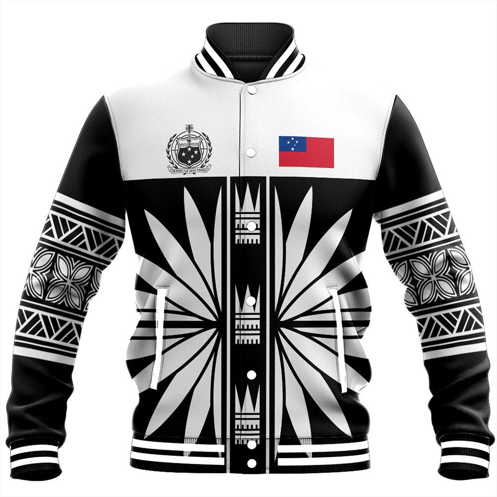 Black and white baseball jacket with Samoa flag patch, striped cuffs and hem, snap front