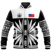 Black and white baseball jacket with Samoa flag patch, striped cuffs and hem, snap front