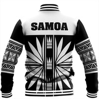 Black and white baseball jacket back with large SAMOA text, radial graphic, striped ribbed trim