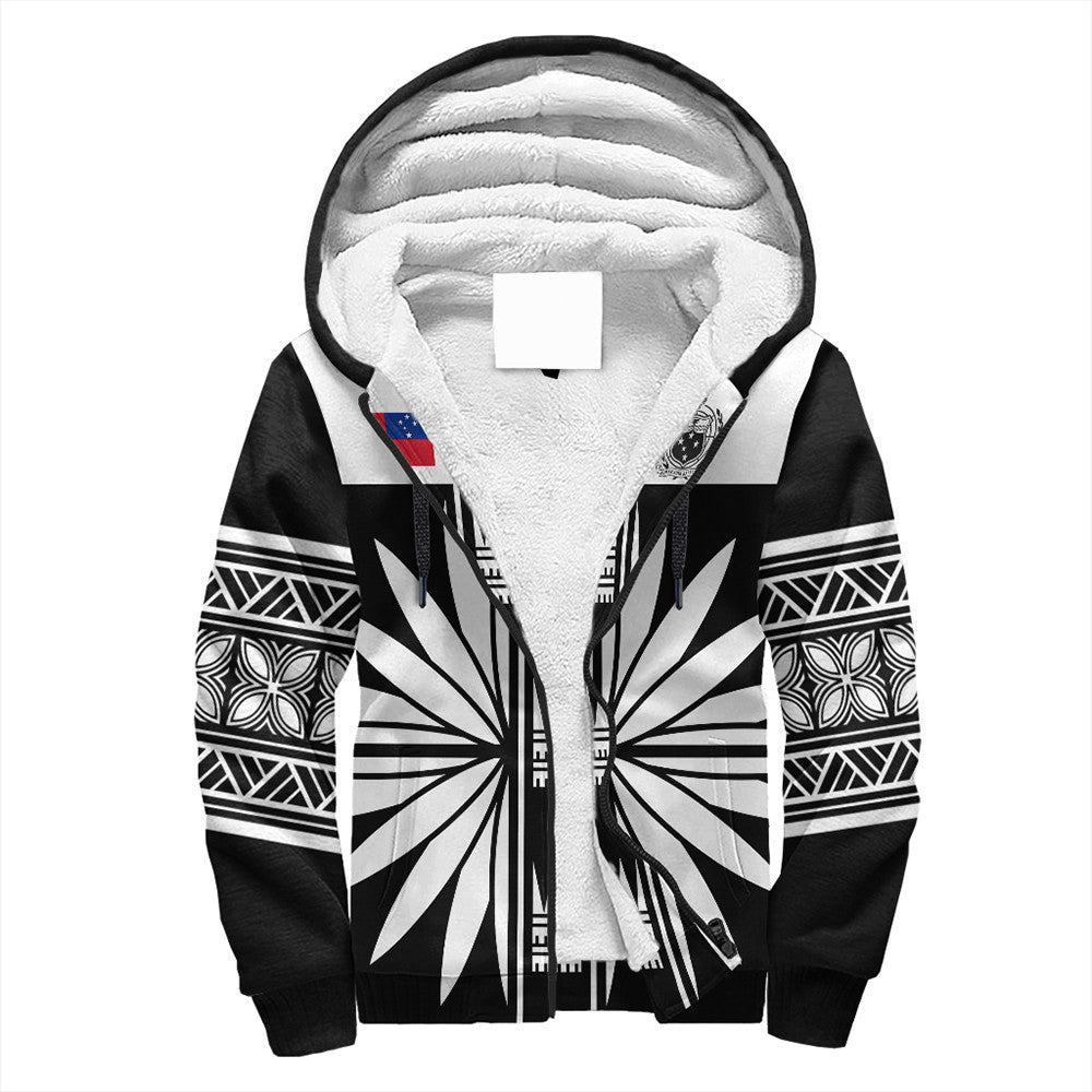 Black unisex sherpa-lined hoodie with hood up, zip front, bold white geometric print