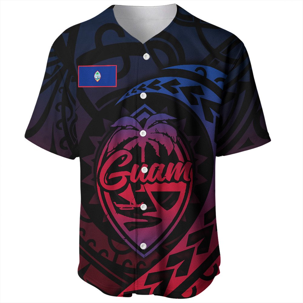 Guam Rising style baseball jersey, V-neck buttons, dark base with Guam crest graphics
