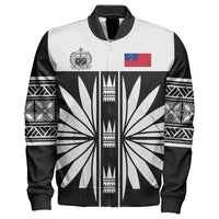 Black zip bomber jacket with Samoa flag, tribal starburst and geometric sleeve pattern
