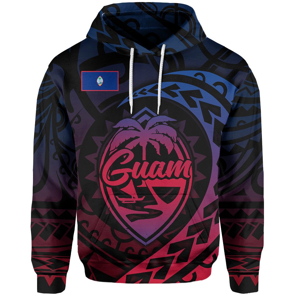 Black pullover hoodie with blue and purple Guam graphic, front view