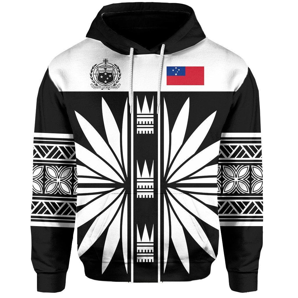 Black pullover hoodie, front Samoa emblem/flag with bold radial black-white print