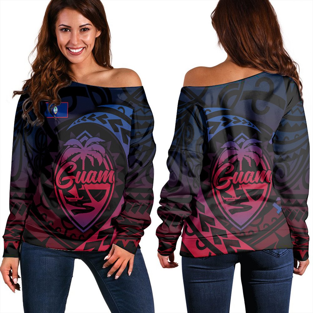 Women's black off-shoulder sweatshirt with Guam shield Rising graphic, long sleeves