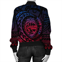 Black bomber jacket back view showing Guam crest center and bright geometric accents