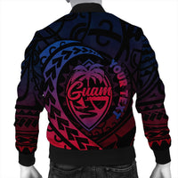 Black bomber jacket back view with large Guam logo and colorful tribal-style patterns