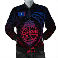 Black unisex bomber jacket with Guam crest graphic, full-zip and ribbed cuffs