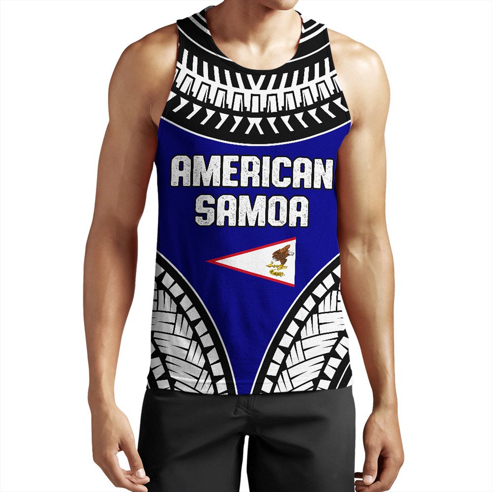 Blue tank top with 'AMERICHN SAMOA' front graphic and black patterned collar