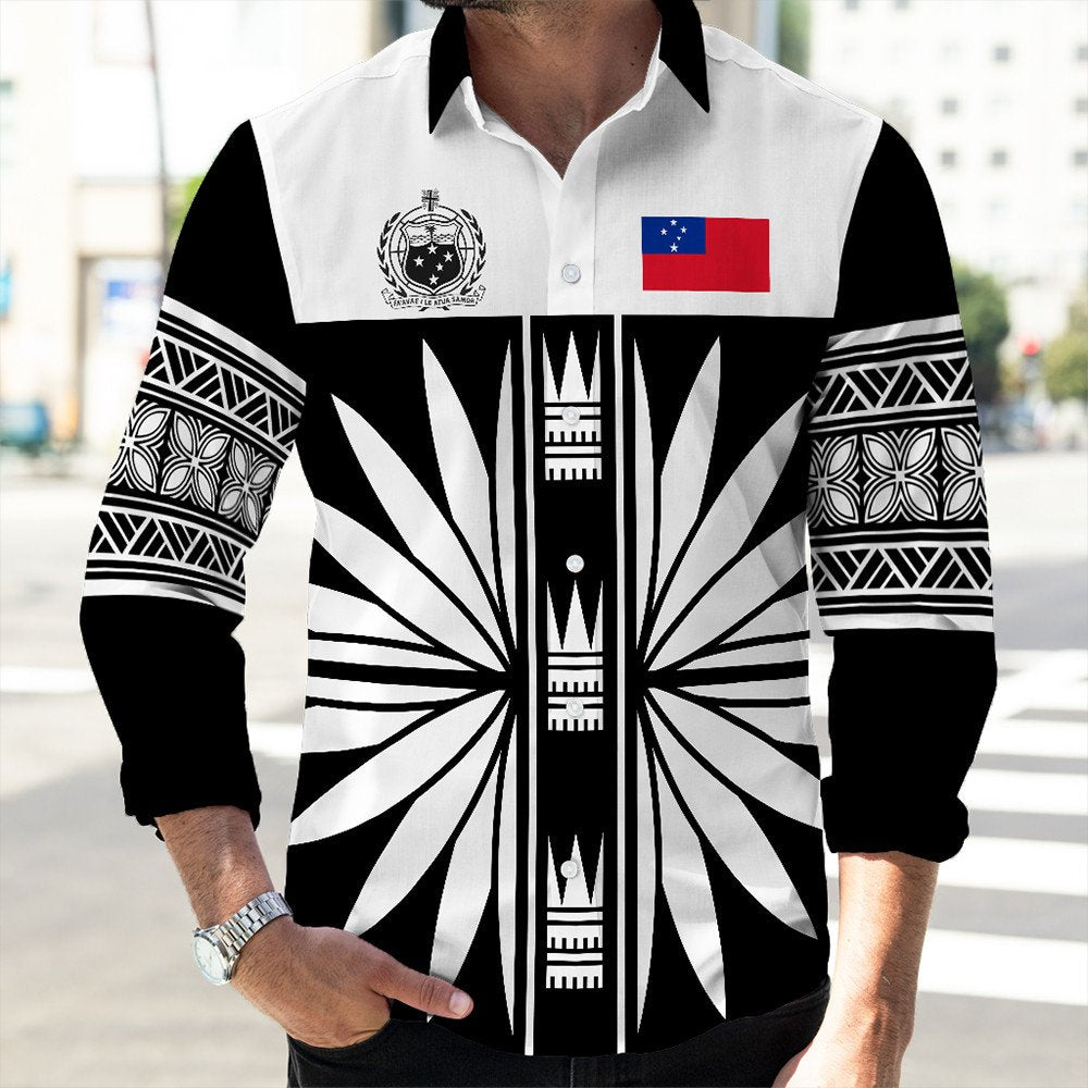 Black-and-white long sleeve button shirt with Samoa emblem and flag on chest