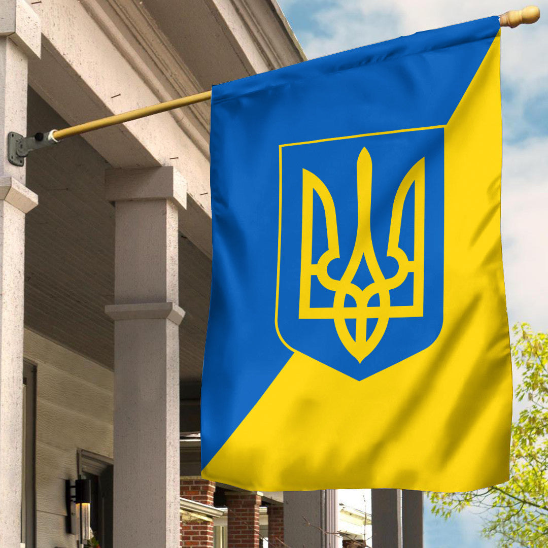 Ukrainian flag house flag with blue-and-yellow design and Tryzub coat of arms emblem