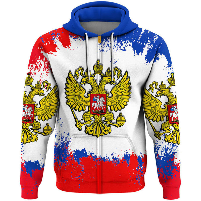 Zip hoodie, full-zip, white with red/blue paint-splash Russia emblem graphic