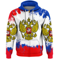 Zip hoodie, full-zip, white with red/blue paint-splash Russia emblem graphic