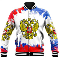 Russia baseball jacket front, large gold eagle crest over blue-red splatter, varsity ribbed trim