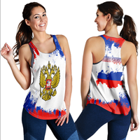Racerback tank top with white, blue and red paint-style Russia flag graphic and crest