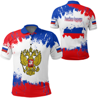 Russia paint-style polo shirt with blue red white design, button placket and eagle crest