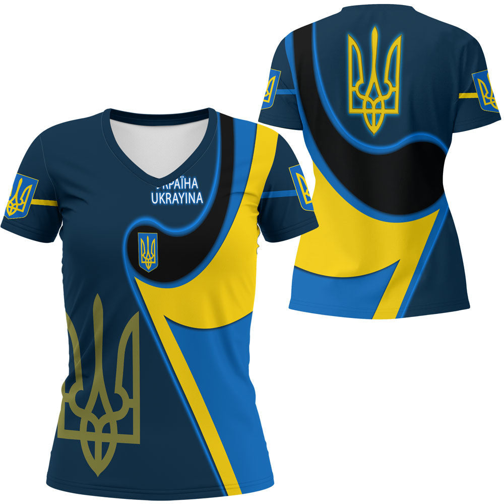 Women’s V-neck T-shirt, dark blue with Ukraine trident and UKRAYINA UKRAINA text