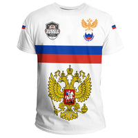 White Russia sport football T-shirt front with double-headed eagle crest and tricolor stripe