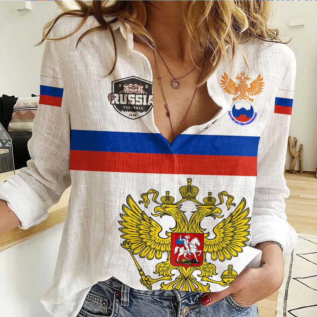 Women’s long-sleeve shirt, V-neck, Russia crest & flag stripe print