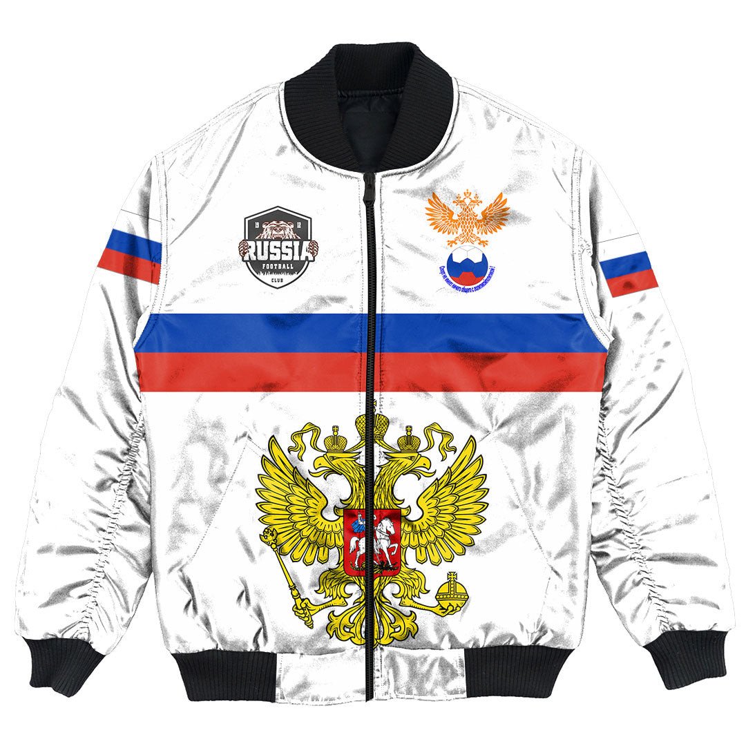 White bomber jacket with black collar and cuffs, front zip, Russia crest and flag stripes