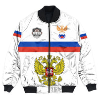 White bomber jacket with black collar and cuffs, front zip, Russia crest and flag stripes