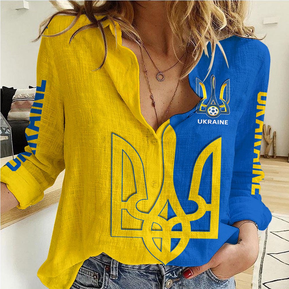 Women’s casual football shirt in blue/yellow with Ukraine trident and football crest