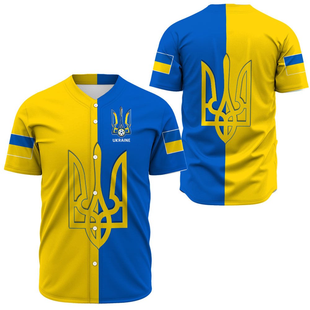 Blue/yellow Ukraine football jersey, trident crest, button-front and striped sleeves